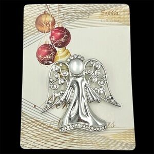 Silver Tone Rhinestone Angel Brooch